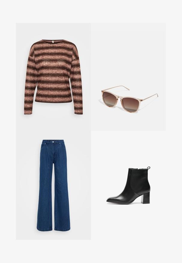 Maglione a maniche lunghe a righe marroni e rosa, realizzato in un tessuto morbido e testurizzato, con un'ampia scollatura e una vestibilità rilassata.; Jeans in denim blu a gamba larga con vita alta, chiusura frontale con bottone e zip, e tasche anteriori e posteriori su uno sfondo semplice.; Stivale alla caviglia in pelle nera con punta arrotondata, tacco largo di media altezza e linguetta sul retro. Texture liscia, design minimale.; Occhiali da sole con gradiente marrone e una montatura traslucida rosa, forma quadrata e aste in metallo sottili. Presentano bordi arrotondati e dettagli minimali.; Borsa tote in pelle nera con texture liscia, forma strutturata, due manici e un evidente dettaglio in fibbia argentata sul davanti.
