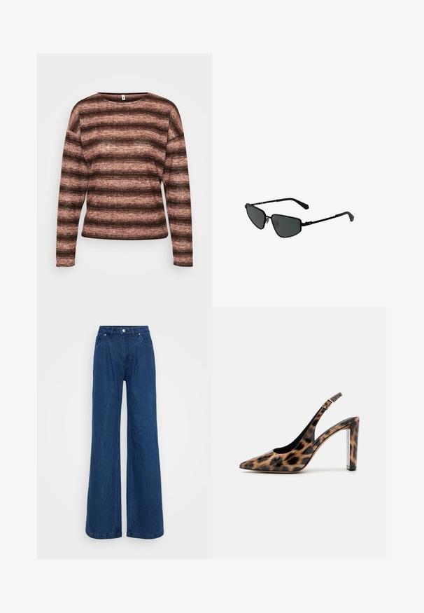 Brown and pink striped long-sleeve sweater made of soft, textured fabric with a wide neckline and relaxed fit.; Wide-leg blue denim jeans with a high waist, front button and zipper closure, and front and back pockets against a plain background.; Leopard print slingback pump with a pointed toe and transparent block heel. Made of glossy material with a smooth texture.; Black metal sunglasses with angular frames and dark lenses. Features thin, straight arms and nose pads for secure fit.