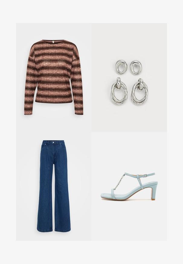 Braun- und rosa gestreifter Langarmpullover aus weichem, strukturiertem Stoff mit weitem Ausschnitt und lockerer Passform.; Weite blaue Jeans mit hoher Taille, vorderem Knopf- und Reißverschlussverschluss sowie Vorder- und Hintertaschen vor einem schlichten Hintergrund.; Hellesblaues, knöchelgebundenes, hochhackiges Sandalenmodell mit quadratischem Zehenbereich, das über einen metallischen Akzent und eine elegante, glatte Ledertextur verfügt.; Ohrringe aus silberfarbigem Metall mit zwei Paar Designs: einem gedrehten, runden Hänger und einem glatten, runden Stecker. Die reflektierende Oberfläche verstärkt die Eleganz.