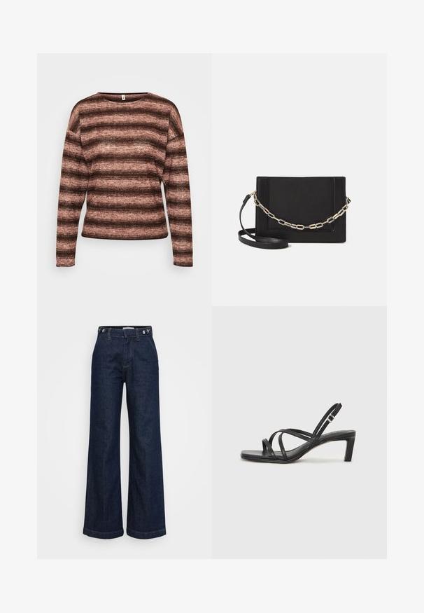 Pruun ja roosa triibuline pikkade varrukatega sviiter, mis on valmistatud pehmest ja tekstuursest kangast, laia kaelusega ja mugava lõikega.; Tumed sinised kõrge vöökoht ja avarad teksad, millel on nupuga reguleeritav vöökoht, esikotid ja tõmblukuga sulgemine.; Mustast rihmajalatsid ruudukujulise varba ja madala ploki kontsaga. Omab mitmeid õhukesi rihmasid ja reguleeritavat pahkluu rihma. Valmistatud siledast nahast.; Mustast nahast õlakott, mis omab siledat tekstuuri, ristküliku kuju ning esiküljel metallketi detaili. Reguleeritav rihm on kaasas.