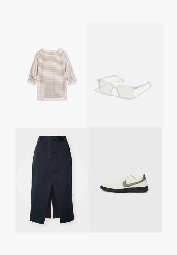 Helles rosa gestreiftes Sweatshirt mit Dreiviertelärmeln, rundem Halsausschnitt und gerippten Bündchen. Hergestellt aus weichem Stoff mit subtiler Textur.; Dunkelblaues Midi-Rock aus Baumwollmischgewebe mit einem vorderen Schlitz, verdecktem Reißverschluss und praktischen Seitentaschen.; Nike Sportswear FIELD GENERAL - Sneaker low - off-white/black; Klare, quadratische Kunststoffbrillen mit durchsichtigen Gläsern, die goldene Akzente an den Bügeln für zusätzliche Details aufweisen.