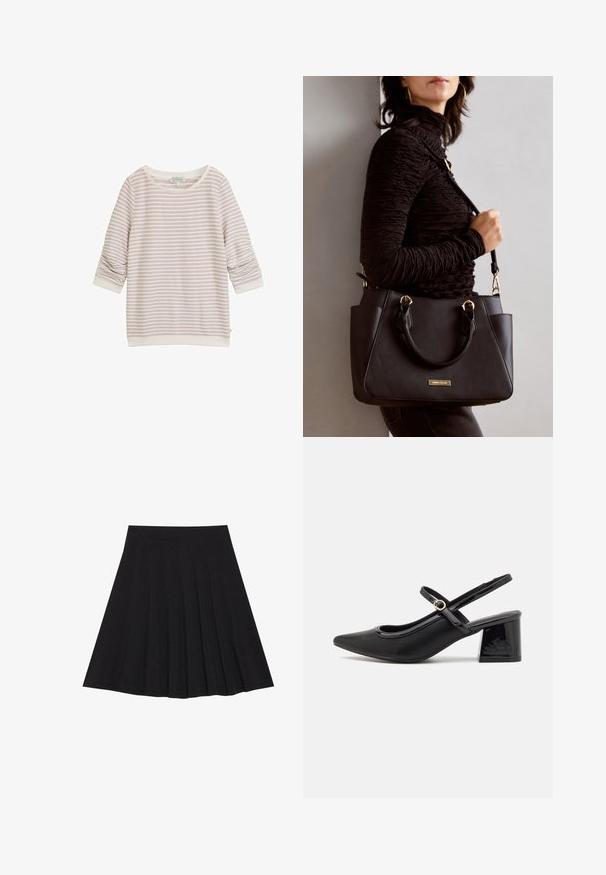 Šviesiai rožinė dryžuota palaidinė su trimis ketvirtadaliais rankovėmis, apvalia iškirpte ir rausvu džemperiu. Pagaminta iš minkštos medžiagos su subtilia tekstūra.; Juoda plisėta sijonas, pagamintas iš tekstūruotos medžiagos su prigludusia juosmens juosta. Siekia kelių ilgį, turi sklandžią, švarią siluetą.; Juodi patentinio odos slingback aukštakulniai su smailiu pirštu, apvaliu išpjovimu ir blokiniu kulnu. Papuošti auksiniu juostos akcentu.; Juodas rankinės maišelis su struktūrizuota paviršiumi, dvigubais viršutiniais rankenėlėmis ir reguliuojamu peties diržu. Įrengtas aukso spalvos furnitūra ir šoninės kišenės.