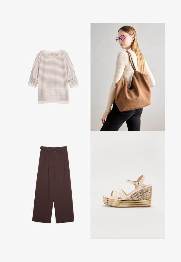Svijetloružičasti dukserica sa prugama, tri četvrtine rukava, okruglim izrezom i rebrastim manžetama. Napravljena od mekog materijala sa suptilnom teksturom.; Stradivarius WIDE-LEG WITH BUCKLE DETAIL - Hlače - dark brown; Sandale na petu s krema platnom na gornjem dijelu, prilagodljivim remenom oko gležnja i strukturalnom tkanom potplatom s zlatnim detaljima i slojevitom slamom.; Smeđa suede torba sa mekom teksturom, širokim otvorom i dugim trakama. Ima jednostavan dizajn s vidljivim šavovima i bez hardvera.