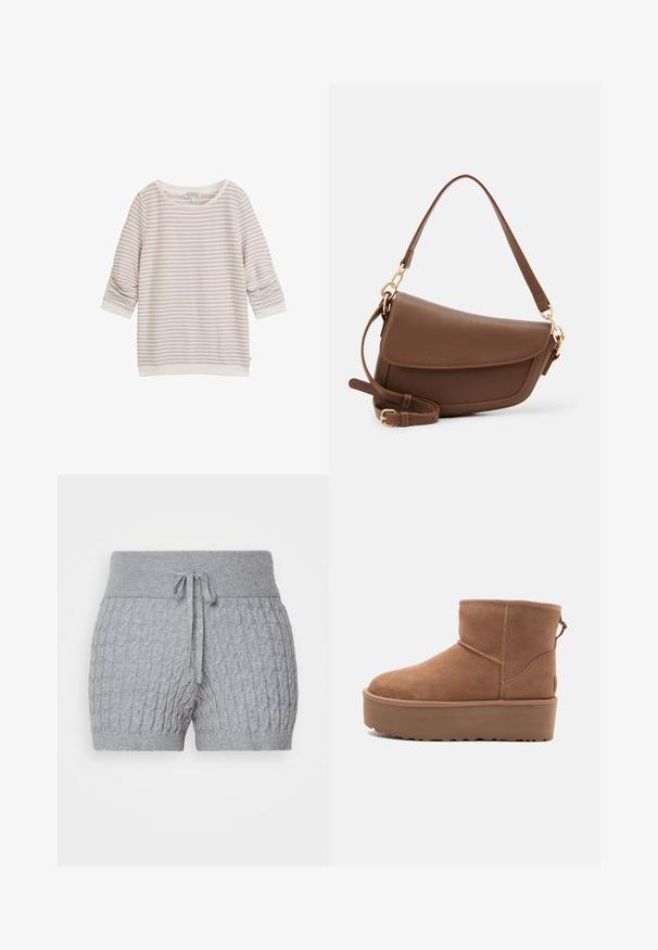 Jasnoróżowy sweter w paski z rękawami 3/4, okrągłym dekoltem i prążkowanymi mankietami. Wykonany z miękkiej tkaniny o delikatnej teksturze.; Szare krótkie spodenki dzianinowe z teksturowanym wzorem, posiadające prążkowany pas i regulowany sznurek. Krótka długość, miękki materiał.; Beżowe zamszowe botki za kostkę z platformą, zaokrąglonym noskiem i akcentami w postaci przeszyć; posiadają pętelkę z tyłu dla ułatwienia zakładania.; Brązowa skórzana torba na ramię o teksturowanym wykończeniu, zaokrąglonym kształcie, złotych akcentach, regulowanym pasku i zapięciu na klapę.