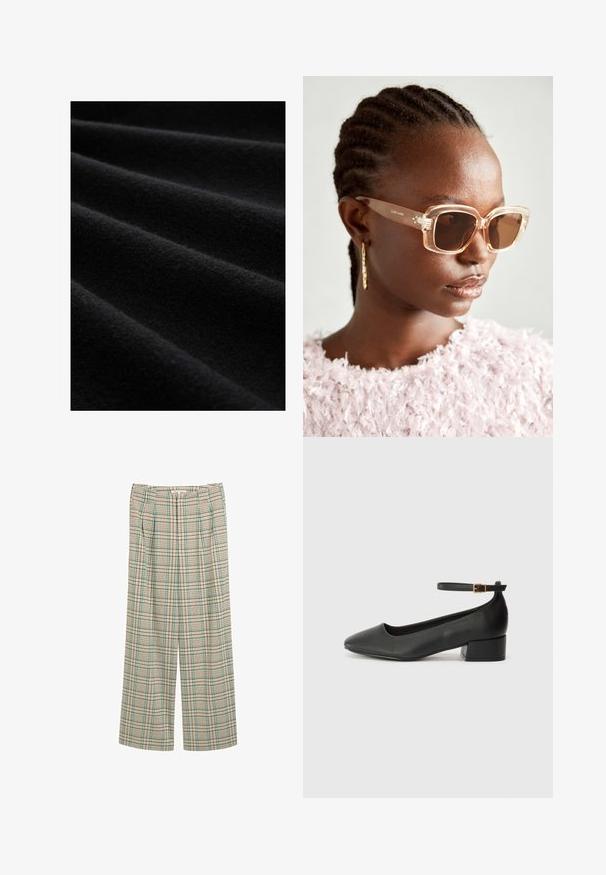 Zwart stof met een zachte, gestructureerde oppervlakte, gekenmerkt door zachte plooien en een matte afwerking, die de rijke, donkere kleur en materiaalkwaliteit benadrukt.; Wijdvallende broek in een beige ruitpatroon met groene en marineblauwe accenten, met plooien aan de voorkant en een gestructureerde afwerking.; Zwarte leren pump met een spitse neus en een lage blokhak. Beschikt over een enkelband met een goudkleurige gespsluiting. Gladde textuur.; Beige oversized zonnebril met een doorzichtig montuur en bruine getinte glazen, met subtiele bloemaccenten en een gedurfde, geometrische ontwerp.