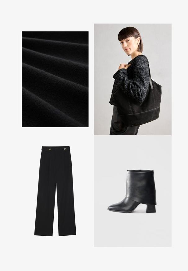 Schwarzer Stoff mit einer weichen, strukturierten Oberfläche, der sanfte Falten und ein mattes Finish aufweist, und dabei seine reiche, dunkle Farbe und Materialqualität hervorhebt.; Schwarze weite Hosen mit hoher Taille, Knopfdetails am Bund und vorderen Falten.; Schwarze Lederstiefelette mit spitzer Zehenform, glatter Oberfläche und strukturiertem Blockabsatz. Mit einem hohen, gefalteten Schaftdesign.; Schwarze Wildleder-Tote-Tasche mit glatter Textur, strukturiertem Design und kontrastierenden Nähten. Verfügt über lange Träger zum Tragen über der Schulter.