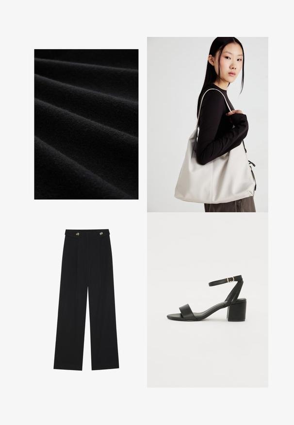 Tela negra con una superficie suave y texturizada, que presenta pliegues suaves y un acabado mate, resaltando su rico color oscuro y la calidad del material.; Pantalones de pierna ancha negros con cintura alta, detalles de botones en la cinturilla y pliegues en la parte delantera.; Sandalia de tacón negro con parte superior de cuero suave, punta abierta, tiras frontales anchas y correa ajustable en el tobillo con detalle de hebilla dorada.; Bolso de mano beige hecho de material suave, con un diseño holgado, detalles cosidos y dos asas. Adecuado para uso diario.