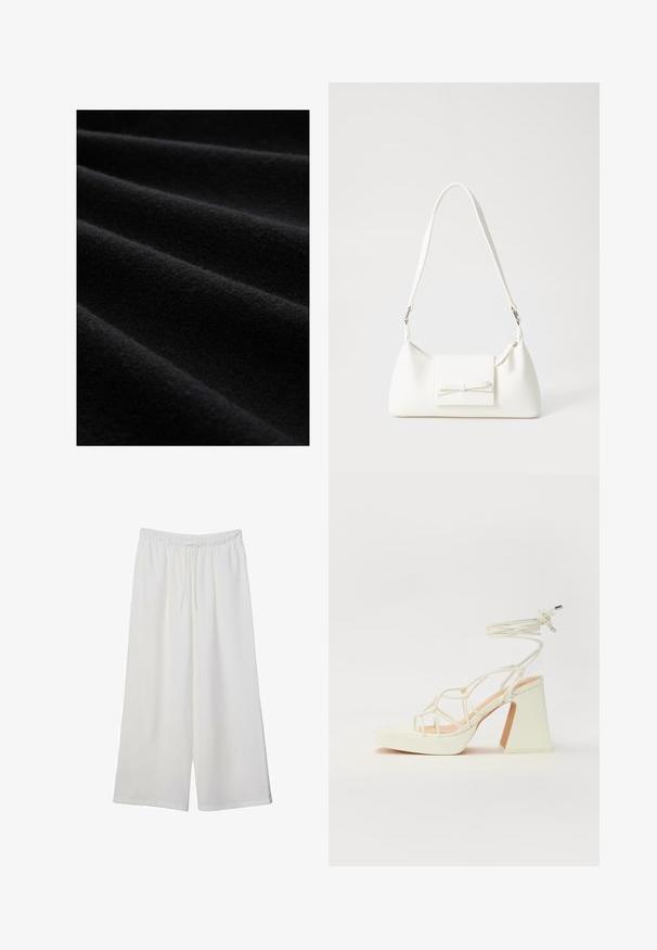 Czarna tkanina o miękkiej, teksturowanej powierzchni, z delikatnymi fałdami i matowym wykończeniem, podkreślająca swój bogaty, ciemny kolor i jakość materiału.; Białe szerokie spodnie wykonane z lekkiego materiału, z elastyczną talią i sznurkiem do regulacji fasonu. Gładka tekstura.; Biała sandał na wysokim obcasie z masywnym słupkiem, z paskowym wzorem i wiązaniem przy kostce. Gładka faktura z platformą z przodu dla dodatkowej wysokości.; Biała syntetyczna torba o trójkątnym kształcie, płaskim przednim klapce i detalach w postaci kokardy, regulowanym pasku, gładkiej fakturze oraz minimalistycznym designie.
