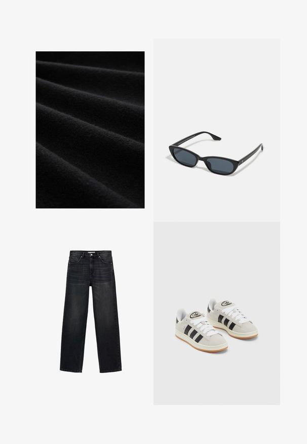 Crna tkanina s mekanom, teksturiranom površinom, s blagim nabora i mat finishem, koji naglašava njenu bogatu, tamnu boju i kvalitetu materijala.; Crne široke traperice izrađene od denima. Sadrže pet džepova, zatvarač s gumbom i suptilno izblijeđivanje sprijeda.; Sive suede tenisice s bijelim vezicama, crnim prugama i bijelim gumiranim potplatom. Imaju kružni logo na jeziku i gumeni potplat.; Crne mačkaste sunčane naočale s tamnim staklima, plastičnim okvirom, uskim stablima i suptilnim oznakama na unutarnjoj strani. Mat tekstura završne obrade.