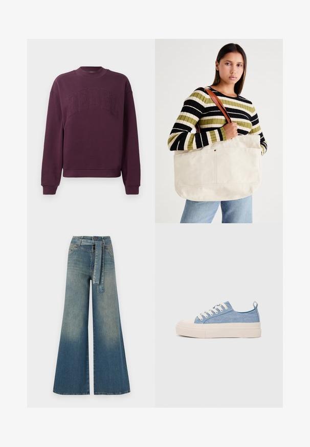 Mørkebrun hettegenser laget av en bomullsblanding, med rund hals og lange ermer. Ordet "REBEL" er preget i en fet, buet design.; Bredde ben jeans med en lyseblå til mørkeblå gradient, høyt liv, beltehemper og et matchende belte i samme stoff. Teksturert denimoverflate.; Lys blå canvastøfler med en kremfarget gummitupp og yttersåle, med hvite snørebånd og en løfteløkke på hælen.; Stor beige kanvas tote bag med brune lærreimer, med et minimalistisk design og synlige sømdetaljer.