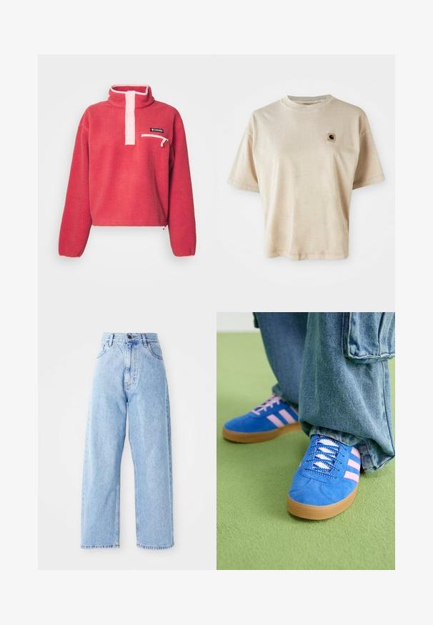 Columbia HELVETIA™ II CROPPED HALF SNAP - Fliisdžemper - dare devil/pink sand; Bež puuvillane t-särk lõdva lõikega, ümmarguse kaelusega, lühikeste varrukatega ja väikese ruudukujulise logotäpiga vasakul rinnal.; Kõrge vöökoht, helesinised teksased sirgete laiade jalgadega, ees nupuvajutus, lukuga sulgemine ning ees ja taga taskud.; Sinised sametkingad roosade triipudega ja valgete paeltega, millel on kummist tallad, kombineeritud laia teksapükstega rohelisel pinnal.