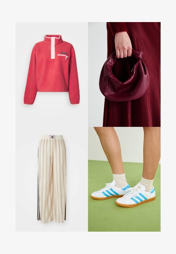 Columbia HELVETIA™ II CROPPED HALF SNAP - Pulover iz flisa - dare devil/pink sand; Hlače širokega kroja kremne barve z zigzag vzorcem, opremljene z črnim logotipom na pasu in stranskimi črnimi črtami. Lahka, teksturirana tkanina.; Bele teneške z svetlo modrimi črtami, gumijastim podplatom in vezalnim dizajnom. Opremljene so z zlatim logotipom in gladko teksturo, podobno usnju.; Bordo usnjeni ročni torbici s mehak, nabrana zasnova in okrogla oblika. Ročaj je varen in prikazuje gladko teksturo.