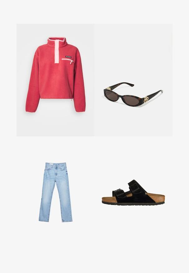 Columbia HELVETIA™ II CROPPED HALF SNAP - Fleecová mikina - dare devil/pink sand; Světle modré džíny z denimu se rovnými nohavicemi, designem s pěti kapsami a viditelným šitím. Středně vysoký pas se klasickým zapínáním na knoflík a zip.; Černé lakované kožené sandály s dvěma nastavitelnými popruhy, korkovou stélkou a gumovou podrážkou, s hladkým povrchem a minimalistickým designem.; Brýle sluneční s kočičím vzorem, prodloužené oválné čočky, hnědý odstín, zlaté logo na spáncích a elegantní černé nožičky.