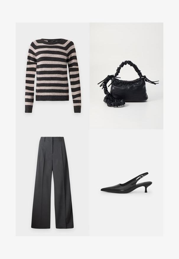 Črno-bež prugasta majica, okrogla ovratnika, dolgi rokavi, rebrast rob, mehak notranji material, z enakomerno razporejenimi vodoravnimi črtami.; Široke hlače iz temno sive tkanine, z visokim pasom, enim pregibom ter gladko teksturo z čisto obrobo na robovih.; Črne usnjene sandale z odprtim peto in konično oblikovanim prstom ter ozkim, ukrivljenim petnim delom. Imajo diskretno nastavljivo zaponko z kovinsko sponko.; Črna torbica iz umetnega usnja s krokodilovo teksturo, z zvitim vrhom in zmečkano naramico. Zdi se mehka in kompaktna v oblikovanju.