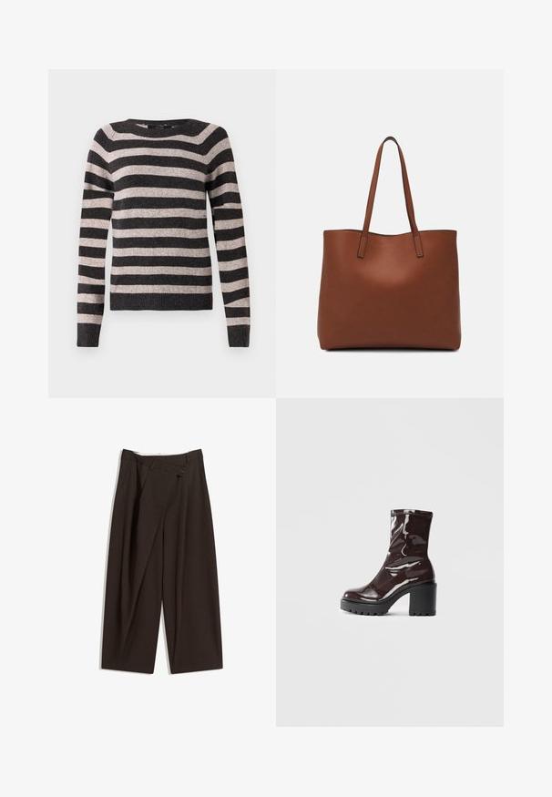 Mustalla ja beige raidallisella neuleella, pyöreä kaula-aukko, pitkät hihat, resorit, pehmeä tekstuuri, tasaisesti sijoitetuilla vaHorizontalraidoilla.; Tummanruskeat leveälahkeiset housut, joissa on korkea vyötärö, yhden napin sulkea ja pleatattu etuosa. Valmistettu kevyestä kankaasta.; Satea bordeaux berwarna mengkilap dengan tumit hitam tebal, menampilkan tekstur halus dan desain sederhana. Tanpa pengikat atau pola yang terlihat.; Ruskea nahkainen olkalaukku, jossa on sileä pinta, avoin yläosa ja kaksi olkahihnaa. Omaavat vain minimaalisen ompelun eikä näkyvää metalliosaa.