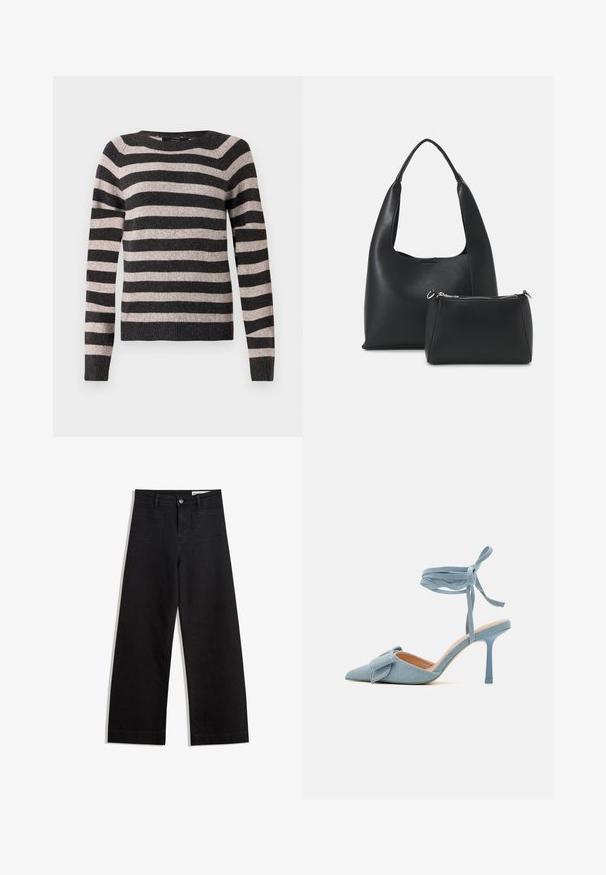 Black and beige striped sweater, round neck, long sleeves, ribbed hem, soft texture, with evenly spaced horizontal stripes.; Black wide-leg denim pants with a high waist, featuring front and back pockets, stitched seams, and a button closure. Smooth texture.; Pointed-toe high heel shoe in light blue fabric with a textured finish, featuring a bow accent and ankle strap for secure fit.; Even&Odd Handbag - black