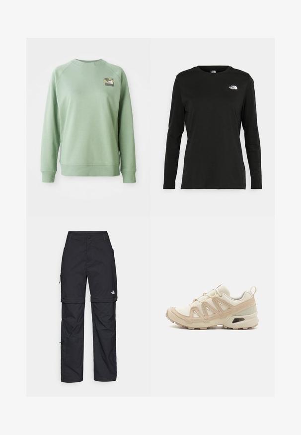 Zaļš kapučins ar apaļu kakla izgriezumu, ribotām piedurknēm un apakšdaļu. Iekļauta neliela ziedu ilustrācija augšējā kreisajā krūtīs. Gluda tekstūra.; Melnas garām piedurknēm T-krekls, izgatavots no kokvilnas ar apaļu kaklu. Tam ir mazs balts logo kreisajā krūtīs. Vienkāršs dizains un piegulums.; Melni nailona bikses ar noņemamām kājām, regulējamiem uzmavām, vairākām kabatām un logotipu uz labās kājas. Gluda, viegla tekstūra.; Beige un krēma sporta apavi ar strukturētu tīkla virsmu, atbalstošajiem slāņiem un gumijas zoli ar protektoru rakstu, kas nodrošina saķeri.