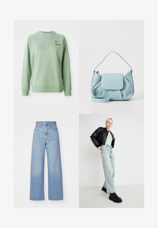 Green sweatshirt with a crew neckline, ribbed cuffs, and hem. Features a small floral graphic on the upper left chest area. Smooth texture.; Light blue high-waist wide-leg jeans with front button and zip closure, front and back pockets, on a white background.; Black leather bomber jacket, mint green shirt, light blue wide-leg jeans, and black lace-up shoes, set against a minimal background.; Light blue leather handbag with a top handle, front flap pocket, and detachable wrist strap on a white background.