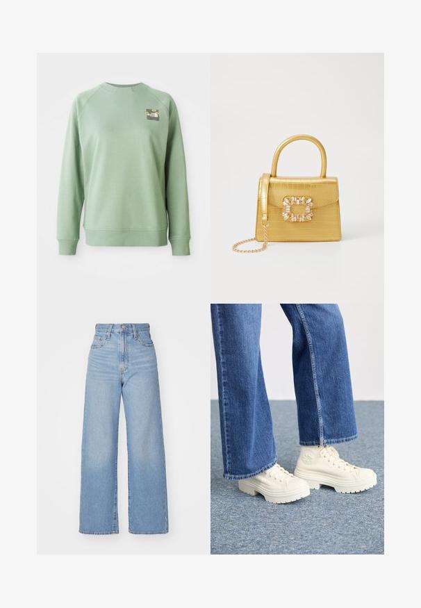 Green sweatshirt with a crew neckline, ribbed cuffs, and hem. Features a small floral graphic on the upper left chest area. Smooth texture.; Light blue high-waist wide-leg jeans with front button and zip closure, front and back pockets, on a white background.; White high-top sneakers with thick, ridged soles and circular logo detail, worn with light blue, wide-leg denim jeans.; Yellow faux-crocodile handbag with a structured design, top handle, detachable chain strap, and decorative crystal embellishment on the clasp.