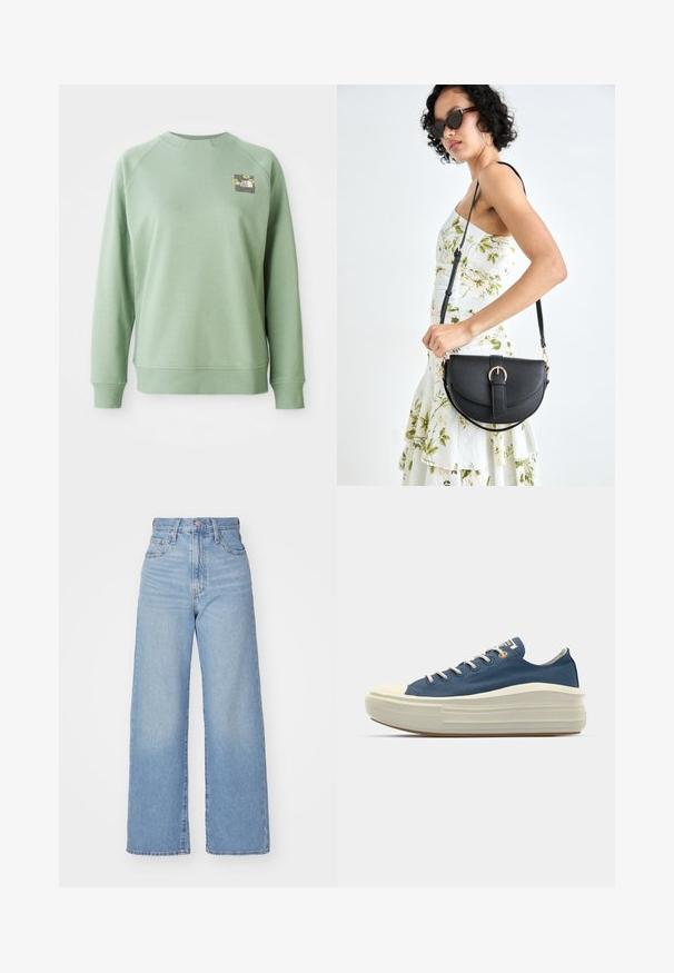 Green sweatshirt with a crew neckline, ribbed cuffs, and hem. Features a small floral graphic on the upper left chest area. Smooth texture.; Light blue high-waist wide-leg jeans with front button and zip closure, front and back pockets, on a white background.; Blue canvas sneaker with a textured white rubber sole, rounded toe, and flat laces. Features a small brand logo on the tongue.; Black leather handbag with a curved shape, detachable strap, and gold hardware. The bag features a flap with a buckle detail.