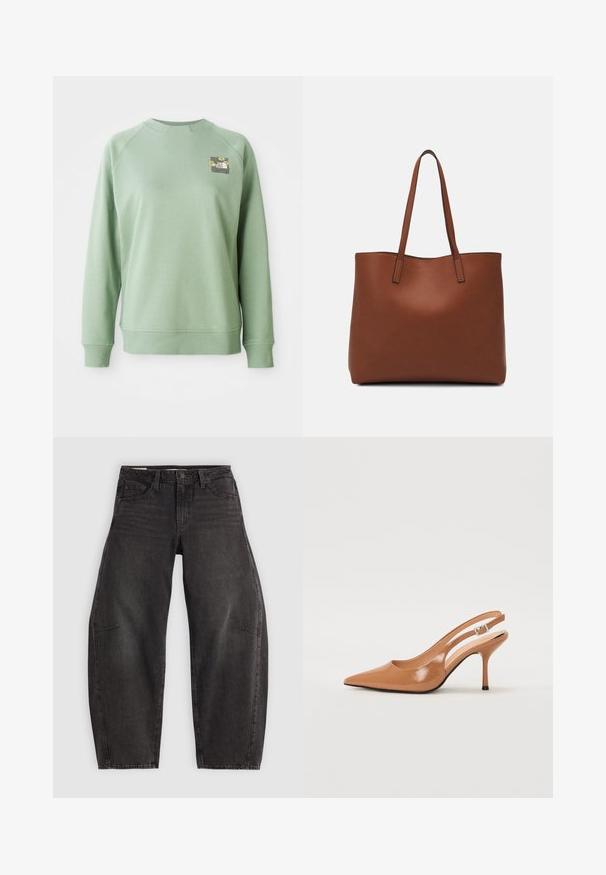 Groene sweater met een ronde halslijn, geribbelde manchetten en zoom. Bevat een kleine florale graphic op het bovenste linkerdeel van de borst. Soepele textuur.; Zwarte denim jeans met een relaxed fit, voorzien van vijf zakken, een knoopsluiting en subtiele vervaging. De stof heeft een soepele, stevige textuur.; Puntige slingback hak in een glad, glanzend beige materiaal. Bevat een gebogen uitsnijdontwerp en een slanke stiletto hak. Zilveren gesp detail.; Bruine leren tote bag met een gladde textuur, een ontwerp met een open bovenkant en twee schouderbanden. Kenmerkt zich door minimale stiksels en geen zichtbare hardware.