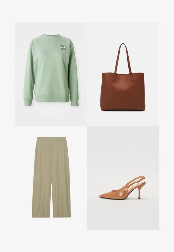 Roheline sviiter ümarate krae, ribastatud mansettide ja allservaga. Esiosas vasakul on väike lilleline graafika. Sile tekstuur.; Heledad oliivroheline, laiad püksid, mis on valmistatud tekstuuriga kangast, millel on vertikaalsed voldid ja elastne vöökoht mugavuse tagamiseks.; Küüntega slingback konts, mis on valmistatud siledast ja läikivast tan värvi materjalist. Omab kaarjat lõigatud disaini ja õhukest stiletto kontsa. Hõbedane pandla detail.; Pruun nahast tote-kott, millel on sile tekstuur, avatud ülaosa disain ja kaks õlarihma. Omab minimaalset õmblust ja nähtavat riistvara ei ole.