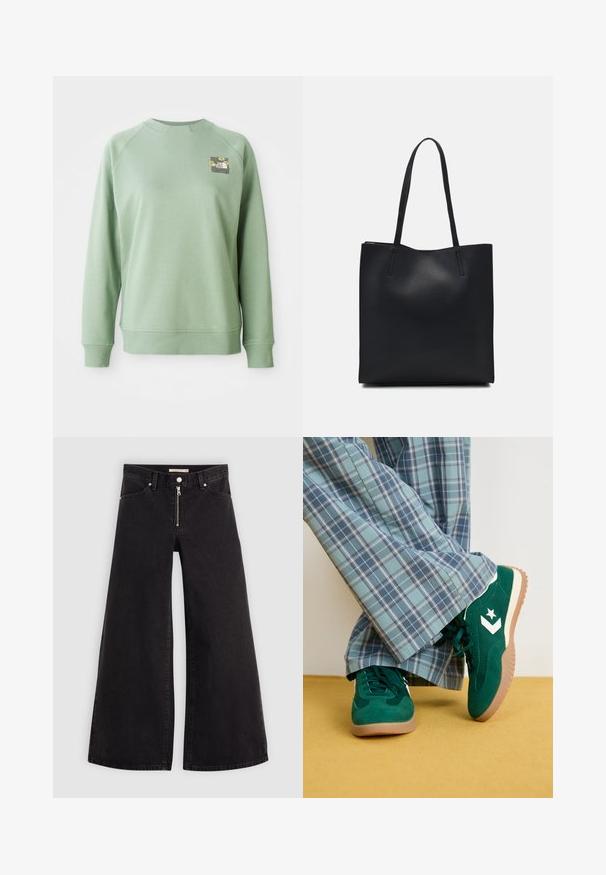 Hanorac verde cu decolteu tip crew, cu manșete și tiv cu nervuri. Prezintă un grafic floral mic în partea superioară stânga a pieptului. Textură netedă.; Jeans cu picioare largi din denim negru, cu fermoar în față, design cu cinci buzunare și detalii subtile de cusătură. Textură netedă și stil casual.; Adidași verzi din suede cu detalii albe și un logo în formă de stea, combinați cu pantaloni largi cu model în carouri albastre, așezați pe un podea galbenă.; Geantă tote neagră din piele, cu textură netedă, formă rectangulară și două mânere lungi. Fără hardware vizibil sau ornamente.