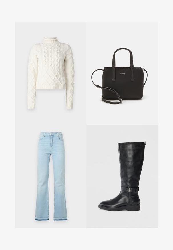 HUGO SAVENIA - Pulover - natural; Svijetloplave traperice s rasponom, visokog struka, s prednjim džepovima i sirovim rubom na manžetama za ležeran izgled.; Črne usnjene škornje do kolen z nizko peto, okroglo konico in kovinsko zaponko z logotipom "CK" okoli gležnja.; Črna torbica z dvema kratkima ročajema in odstranljivim naramnim trakom. Gladek usnju podoben material z zadrgo in podrobnostmi z logotipom.
