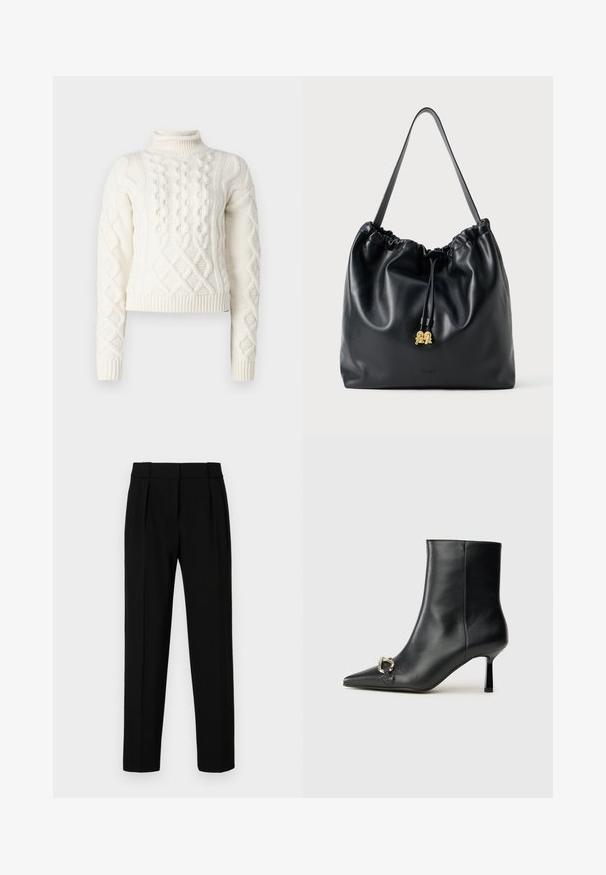 HUGO SAVENIA - Jumper - natural; Black tailored trousers with a straight fit, pleated front, polished fabric, and a medium waistband. No visible pockets or hardware details.; Black leather ankle boot with pointed toe, slim mid-height heel, and silver buckle detail on side against plain background.; Black leather drawstring bag with a smooth texture, gathered top, and subtle gold hardware. Features a single sturdy strap and embossed logo.