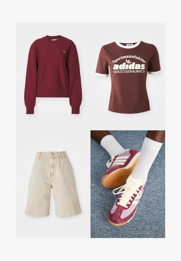 Carhartt WIP AMERICAN SCRIPT - Sweatshirt - malbec; Braunes Kurzarm-T-Shirt mit cremefarbener Kragen und Ärmeln. Verziert mit großen weißen Schriftzug "Sportmanufactur adidas Herzogenaurach."; Beige Denim-Shorts mit hoher Taille, Knopfverschluss und Eingrifftaschen. Sie verfügen über einen lässigen, lockeren Schnitt und leicht ausgefranste Saumkanten.; Sneaker in Weinrot Wildleder und hellem Lila Design, mit drei weißen Streifen, cremefarbenen Schnürsenkeln und einer strukturierten gelben Zunge. Gummisohle.