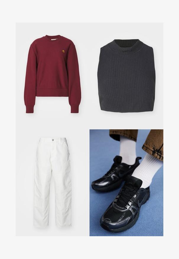 Carhartt WIP AMERICAN SCRIPT - Sweatshirt - malbec; Top court en côtes de couleur bleu marine foncé, avec un col montant et un logo Nike discret. Le tissu a une apparence texturée et extensible.; Pantalons cargo blancs en denim, avec une coupe décontractée, des poches latérales et des détails de couture visibles. Devant uni avec une fermeture à bouton.; Baskets Nike noires en mesh et matériau synthétique, avec une tige texturée, des lacets noirs et des semelles en caoutchouc durables. Chaussettes blanches côtelées visibles.