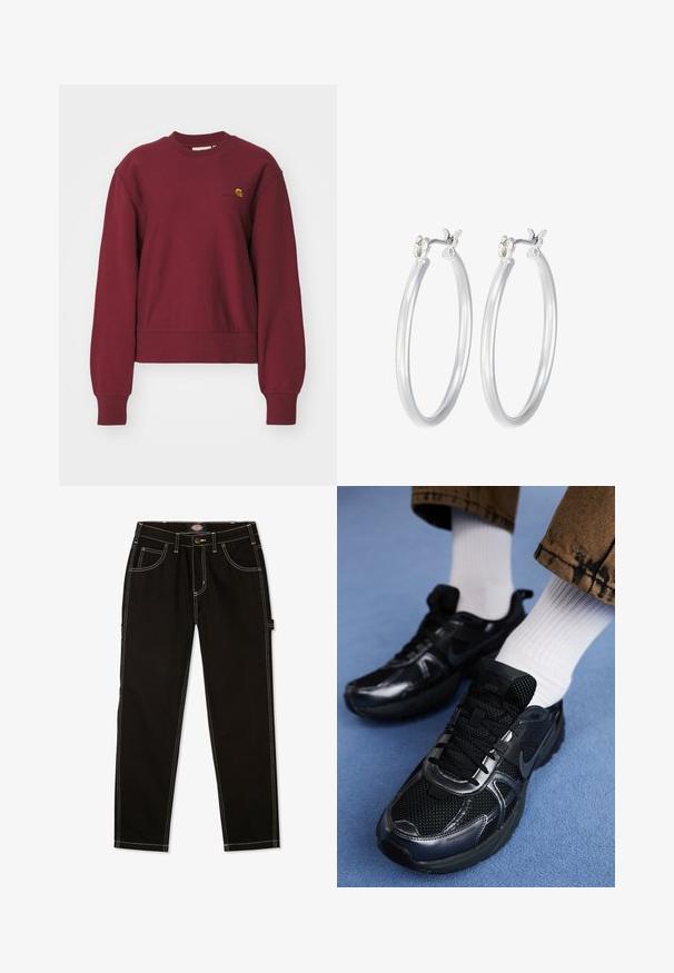 Carhartt WIP AMERICAN SCRIPT - Sweatshirt - malbec; Svarta denimbyxor med kontrasterande vita sömmar, fem fickor och en tab på sidan. Standardpassform, rak benmodell.; Svarta Nike sportskor med en mesh-överdela och glansiga detaljer, svarta snörningar och en texturerad sula. Matchas med vita ribbade strumpor.; Silverfärgade hoopörhängen med en slät, polerad yta. Rund form och säker klickstängning. Lättviktig design som passar för vardagligt bruk.