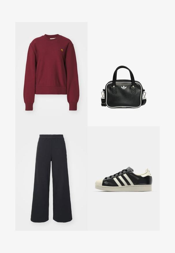 Carhartt WIP AMERICAN SCRIPT - Mikina - malbec; Černé široké tepláky vyrobené z měkké tkaniny, s elastickým pasem a malým logem na levé straně.; Černé kožené sneakers s bílými pruhy, gumovou špičkou, černými tkaničkami a krémovou podešví. Hladký povrch s lesklým finišem.; Černá kožená kabelka se dvěma krátkými uchy, stříbrným kováním, bílými detaily a bílým logem. Má texturovaný povrch a kompaktní design.