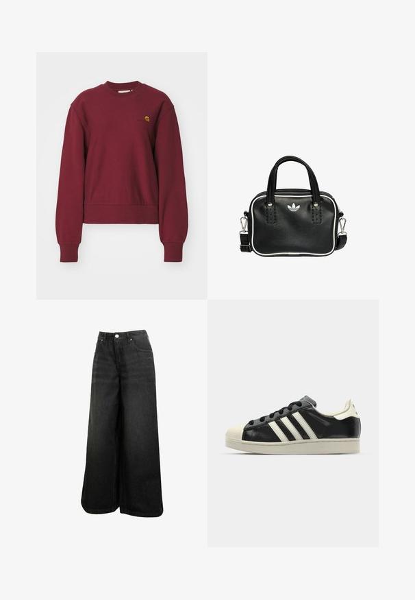 Carhartt WIP AMERICAN SCRIPT - Mikina - malbec; Černé široké džínové kalhoty s vysokým pasem, předním knoflíkem, kapsami a jemným logem na přední kapse.; Černé kožené sneakers s bílými pruhy, gumovou špičkou, černými tkaničkami a krémovou podešví. Hladký povrch s lesklým finišem.; Černá kožená kabelka se dvěma krátkými uchy, stříbrným kováním, bílými detaily a bílým logem. Má texturovaný povrch a kompaktní design.