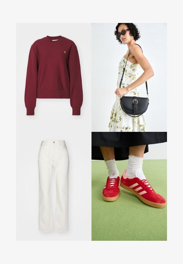 Carhartt WIP AMERICAN SCRIPT - Bluză de molton - malbec; Pantaloni din denimul alb cu talie înaltă și croială largă. Prezintă un sistem de închidere cu nasture și fermoar, bucle pentru curea și detalii de cusătură subtile.; Tenisi roșii din suede cu accente roz, logo alb în trei dungi și sireturi roșii. Purtați cu ciorapi albi cu fâșii pe o suprafață verde.; Geantă din piele neagră, cu o formă curbată, curea detașabilă și accesorii aurii. Geanta are un capac cu un detaliu tip cataramă.