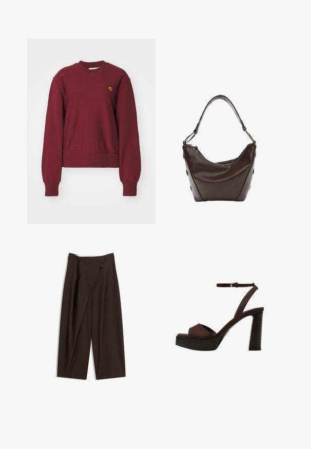 Carhartt WIP - Bluza; Ciemnobrązowe szerokie spodnie o wysokim stanie, z pojedynczym zapięciem na guzik i plisowanym przodem. Wykonane z lekkiego materiału.; Brązowe zamszowe sandały na wysokim obcasie z odkrytymi palcami, regulowanym paskiem na kostce i paskowatą podeszwą.; Ciemnobrązowa skórzana torebka o zaokrąglonym kształcie, zamykana na zamek błyskawiczny, z krótkim uchwytem. Posiada metalowe elementy i ozdobne czarne guziki po bokach.