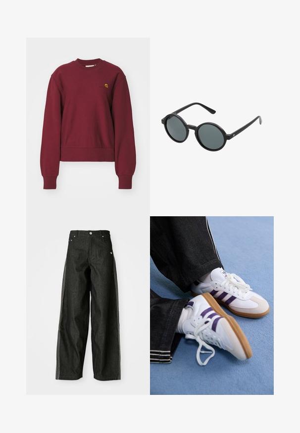 Carhartt WIP AMERICAN SCRIPT - Sweatshirt - malbec; Schwarze Denim-weit geschnittene Hose mit weißen Seitestreifen, vorne mit Taschen, einem Knopfverschluss und einem dezenten Logo in der Nähe des Bundes.; Weiße Sportschuhe mit lila Streifen und braunen Gummisohlen, ausgestattet mit runden Schnürsenkeln und einem gepolsterten Kragen. Getragen mit dunkler Jeans.; Runde Sonnenbrillen mit einem schwarzen Kunststoffrahmen und dunkelgrauen Gläsern. Sie verfügen über dünne, gerade Bügel mit minimalistischen Akzenten.
