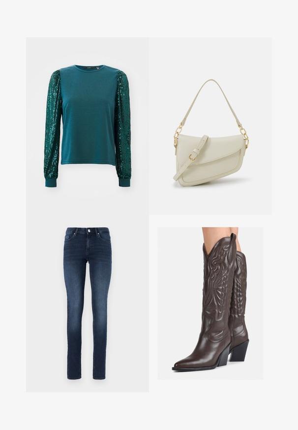 Tölgy zöld, hosszú ujjú póló, fitted testtel és puffos flitteres ujjakkal. Pamut anyag ribbelt mandzsettával és kerek nyakkivágással. Texturált díszítések.; Fehér ujjatlan trikó ribbed anyagból, lekerekített nyakkivágással és testhez simuló siluettel, minimális varrásokkal és díszítések nélkül.; Sötétkék, skinny farmernadrág, klasszikus öt zsebes dizájnnal, gombos záródással és enyhe kopással a combokon.; Barna bőr cowboy csizmák hegyes orral és blokk sarkal, részletes varrással és kiemelkedő díszítésekkel a szárán.; Kis krémszínű táska texturált felülettel, hosszú, állítható pánttal, láncos díszítéssel és fedéllel záródik. Aranyszínű fém részletek.; Ezüst karika fülbevalók csavart kialakítással, fényes felülettel és fülbevaló tűzáras zárással. Átmérőjük körülbelül 3 cm.