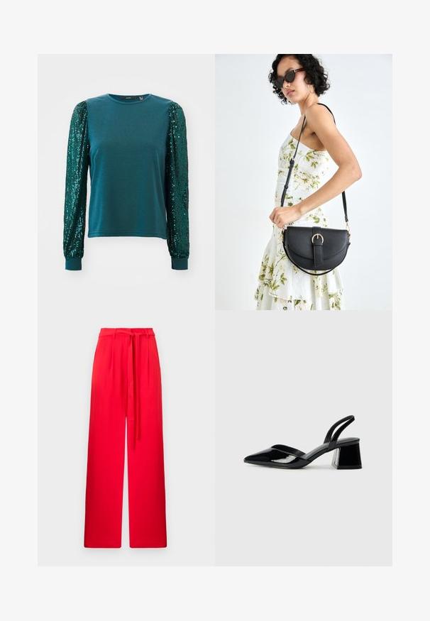T-shirt a maniche lunghe color teal con corpo aderente e maniche a sbuffo ricoperte di paillettes. Materiale in cotone con polsini a coste e scollatura rotonda. Decorazioni testurizzate.; Pantaloni rossi a gamba larga con finitura testurizzata e vita aderente. Presenta una cintura abbinata legata davanti per una vestibilità regolabile.; Décolleté in vernice nera con punta affusolata e tacco in geometria cubica. Presentano un design elegante e minimalista, con una texture liscia.; Borsa a tracolla nera in pelle con una forma curva, manico rimovibile e accessori dorati. La borsa presenta una patta con un dettaglio a fibbia.