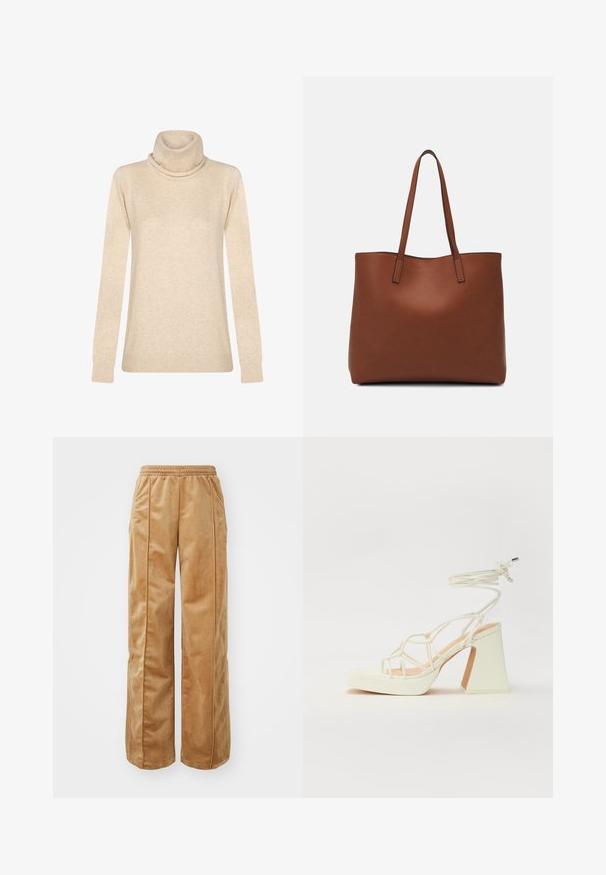 Pull à col roulé beige en tissu doux. Il possède des manches longues, un col replié, ainsi que des poignets et un ourlet côtelés. Design simple et épuré.; Pantalon large de couleur beige en matériau doux et velouté. Doté d'une taille élastique et de coutures verticales à l'avant pour plus de détails.; Sandale blanche à talons hauts avec un talon épais, présentant un design à lanières et un lien autour de la cheville. Texture lisse avec une plateforme à l'avant pour une hauteur supplémentaire.; Sac fourre-tout en cuir marron avec une texture lisse, design à ouverture supérieure et deux poignées pour le porter à l'épaule. Présente des coutures minimales et aucun matériel visible.