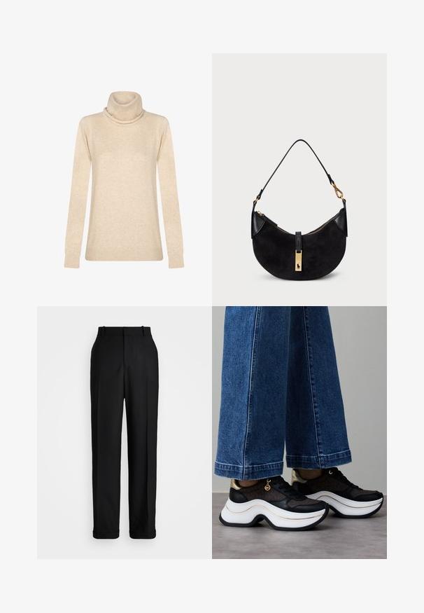 Jersey de cuello vuelto beige hecho de tela suave. Cuenta con mangas largas, un cuello doblado y puños y dobladillo acanalados. Diseño simple y limpio.; Polo Ralph Lauren HIGH RISE RELAXED STRAIGHT TROUSER - Pantalones - black; Zapatillas negras y doradas con suela curva blanca. Tela texturizada con detalles de logotipos. Combinadas con pantalones anchos de mezclilla azul.; Bolso negro con forma curva, hecho de ante y cuero, con cremallera de tono dorado y detalle de logo. Incluye un asa corta.