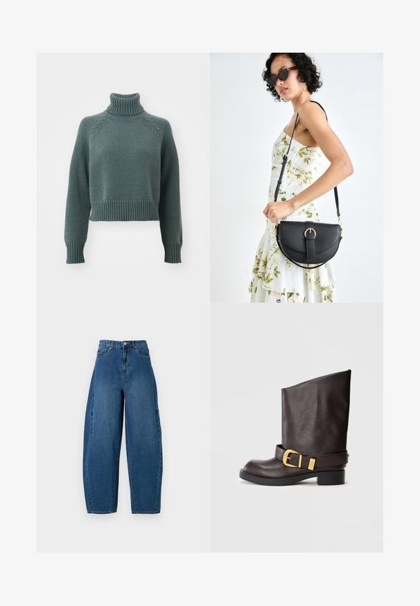 Pulover cu guler înalt tricotat în nuanțe de teal șters. Prezintă manșete și tiv cu model de nervuri, un design scurt și mâneci raglan cu detalii texturate.; Jeans din denim cu o nuanță medie de albastru, având talie înaltă, tăietură cu picioare largi și un design standard cu cinci buzunare, cu detalii de cusătură vizibile.; Cizme din piele maro închis, până la gamă, cu talpă neagră, toc mic și curea decorativă aurie în jurul gleznei, prezentate din lateral.; Geantă din piele neagră, cu o formă curbată, curea detașabilă și accesorii aurii. Geanta are un capac cu un detaliu tip cataramă.