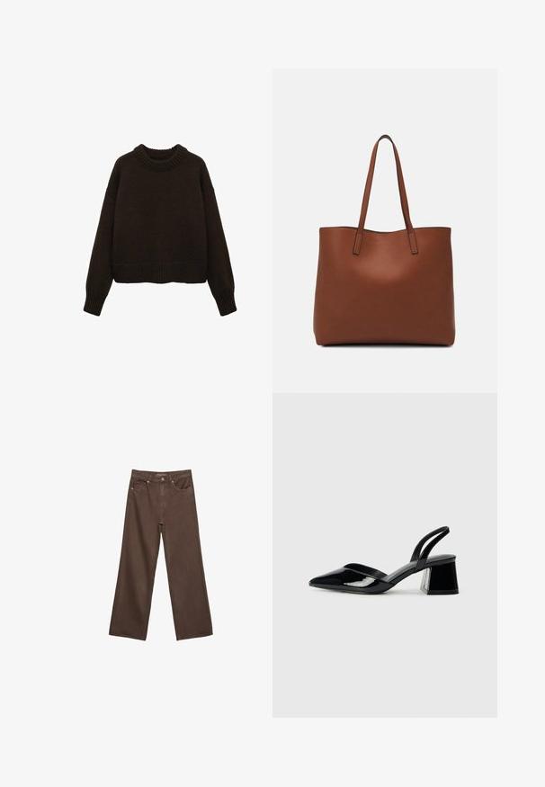 Maglione lavorato a maglia marrone con collo rotondo, spalle scese e polsini a costine. La struttura leggera offre una vestibilità comoda.; Jeans a gamba larga marroni in denim, con vita alta, tasche anteriori e chiusura a bottone classica. Tessuto liscio con cuciture sottili.; Décolleté in vernice nera con punta affusolata e tacco in geometria cubica. Presentano un design elegante e minimalista, con una texture liscia.; Borsa tote in pelle marrone con texture liscia, design con apertura superiore e due spallacci. Presenta cuciture minime e nessun hardware visibile.