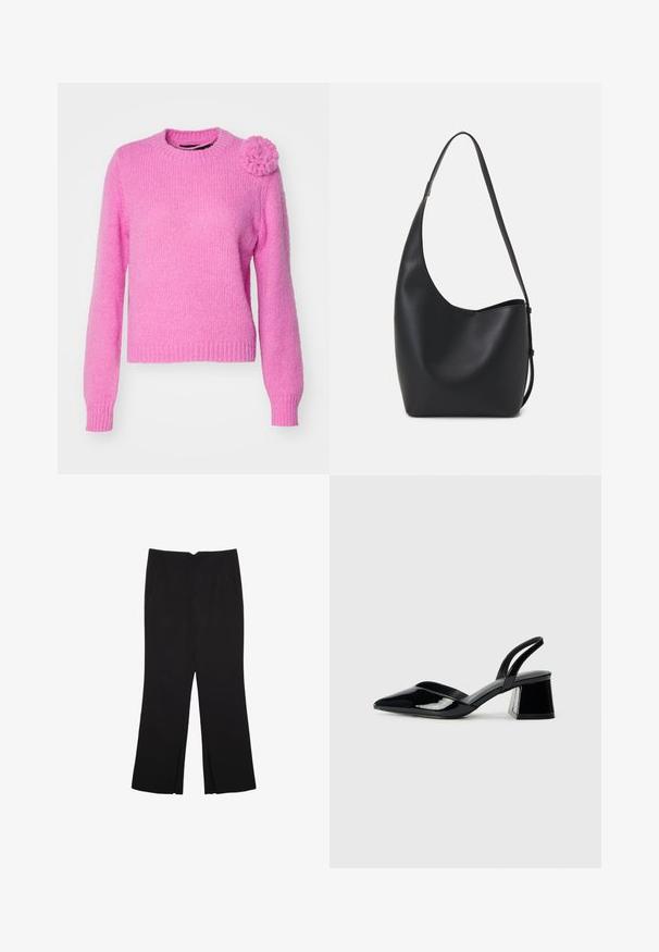 Vero Moda VMADIA ONECK FLOWER - Strickpullover - fuchsia pink; Schwarze Hose mit geradem Schnitt, ausgestattet mit Fronttaschen und Seitenschlitzen am Saum. Hergestellt aus weichem, glattem Stoff. Geeignet für verschiedene Anlässe.; Schwarze Lackleder-Slingback-High Heels mit spitzem Schuh und einem geometrischen Blockabsatz. Verfügt über ein schlankes, minimalistisches Design und eine glatte Textur.; Schwarze Leder-Hobo-Tasche mit einer glatten Textur, geschwungener Form und einem einzelnen verstellbaren Tragegurt; verfügt über eine weite Öffnung am oberen Ende.