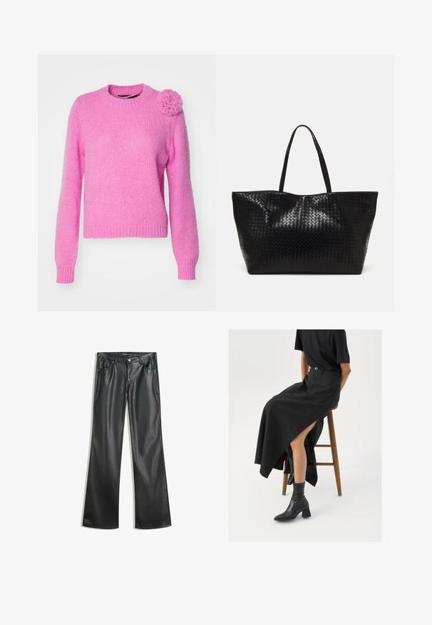 Vero Moda VMADIA ONECK FLOWER - Strickpullover - fuchsia pink; Schwarze Kunstleder-Hose mit weitem Bein, glatter Textur, Fünf-Taschen-Design, Frontreißverschluss und kontrastierenden Nähten.; Schwarzer Leinen-Maxi-Rock mit hohem Schlitz, getragen mit einem schwarzen T-Shirt und schwarzen Knöchelstiefeln. Minimalistisches Design mit lockerer Passform.; Schwarze geflochtene Tragetasche mit zwei stabilen Griffen, die eine glänzende Textur und ein geräumiges offenes Design bietet.