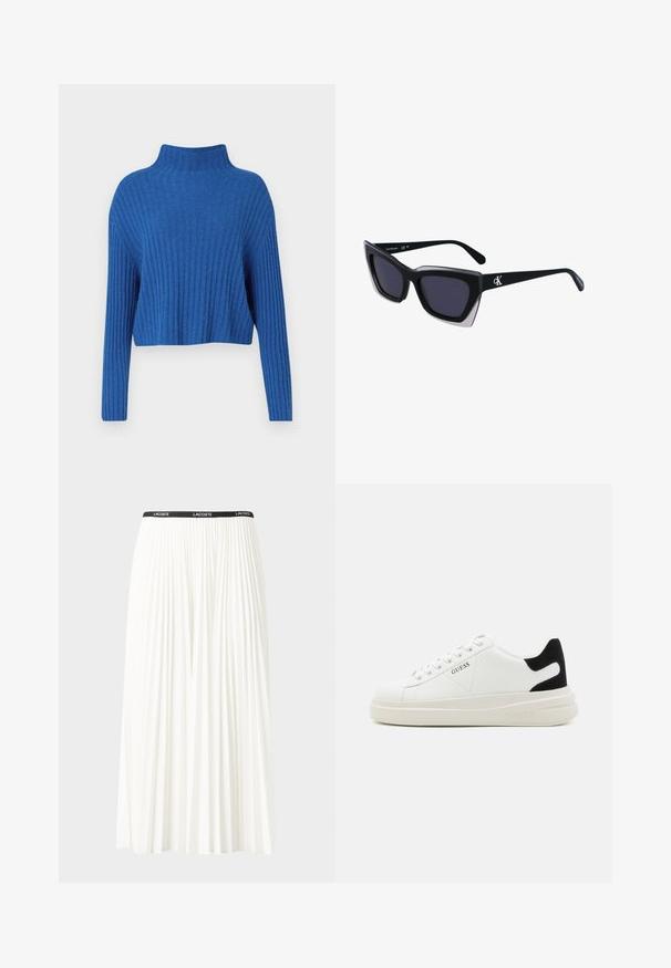 Sweater azul canelado com gola alta e mangas longas, apresentando um design cropped e tecido texturizado.; Saia plissada branca com uma cintura elástica preta que apresenta o logótipo "LACOSTE". Design de comprimento médio com textura suave.; Sapatilhas brancas de couro com uma sola branca espessa, detalhe em camurça preta no calcanhar e logótipo em relevo na lateral. Design com atacadores e seis ilhós.; Óculos de sol oversized pretos com forma geométrica, apresentando lentes escuras e um detalhe cinza em contraste na armação. Logotipo na haste.