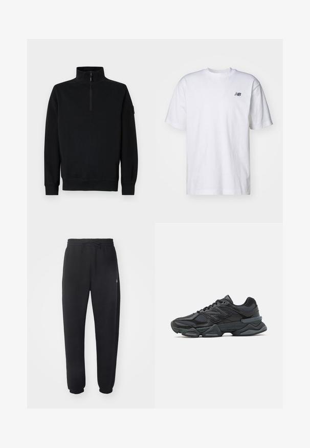 Felpa nera con colletto alto e zip a metà, maniche lunghe e polsini e orlo a costine. Realizzata in un morbido tessuto testurizzato.; T-shirt bianco a maniche corte con scollo rotondo e piccolo logo nero New Balance sul lato sinistro del petto, su uno sfondo neutro.; Pantaloni della tuta neri realizzati in materiale morbido con vita elastica, coulisse e polsini aderenti, caratterizzati da un logo sottile sul lato.; Scarpa da corsa nera con una combinazione di materiali in rete e sintetici, suola spessa, design curvo e marchio ben visibile sul lato.
