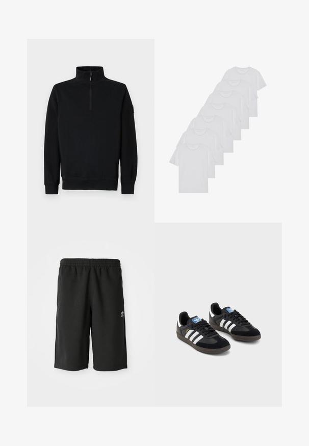 Fekete pulóver magas gallérral, fél cipzárral, hosszú ujjakkal, bordás mandzsettával és szegéllyel. Puha, texturált anyagból készült.; Fehér pamut pólók, rövid ujjúak, kerek nyak kialakítással, sima textúrával, sorba rakva, diszkrét logóval a nyaknál.; Fekete pamut nadrág, rugalmas derékkal, oldalsó varrásokkal és egy kis fehér logóval a bal lábon. Simaszövet, térd alá érő fazon.; Fekete sportcipők, velúrból és szintetikus anyagból készült felsőrésszel, három fehér csíkkal, textúrázott gumitalppal és kék logó címkével a nyelvén.