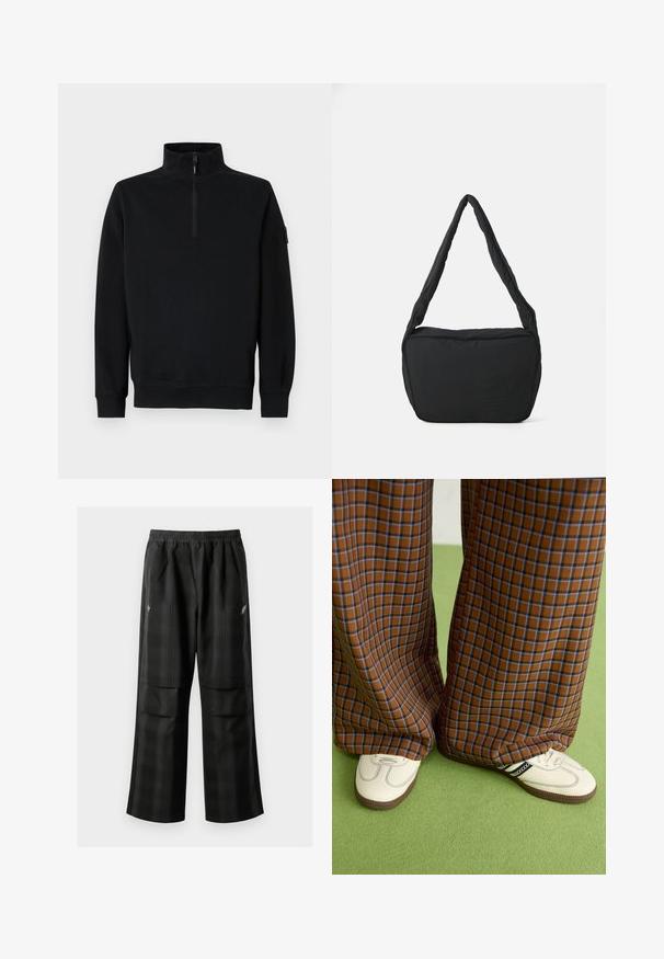 Felpa nera con colletto alto e zip a metà, maniche lunghe e polsini e orlo a costine. Realizzata in un morbido tessuto testurizzato.; T-shirt in cotone verde scuro con colletto rotondo, maniche corte e logo "adidas" in rilievo sul petto con una texture abbinata.; Pantaloni a quadri neri con vita elasticizzata, due tasche frontali e una vestibilità ampia con design a gamba dritta. Realizzati in materiale leggero.; Pantaloni a pieghe larghi a quadri marroni e blu abbinati a scarpe bianche con dettagli neri e suole testurizzate, posizionati su uno sfondo verde.; Borsa a spalla nera con texture imbottita, forma arrotondata e spallaccio largo, caratterizzata da un logo impresso sul fronte.