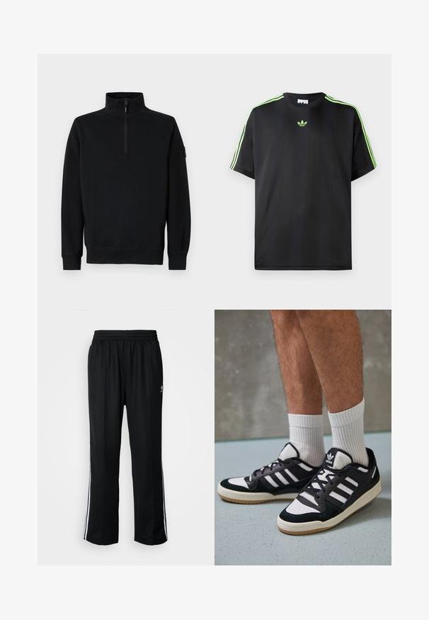 Čierna mikina s vysokým golierom a polovičným zipsom, dlhými rukávmi a rebrovanými manžetami a spodným lemom. Vyrobená z mäkkej, textúrovanej tkaniny.; Čierne tričko z hladkej tkaniny s okrúhlym výstrihom, s tromi zelenými pruhmi na ramenách a malým zeleným logom na hrudi.; Čierne športové nohavice s elastickým pásom, s bielymi bočnými prúžkami a malým logom. Materiál vyzerá byť mäkký a ľahký.; Čierno-biele tenisky s vrchom z semišu a kože, s troma bielymi pruhmi, perforovanou špičkou a gumovou podrážkou.
